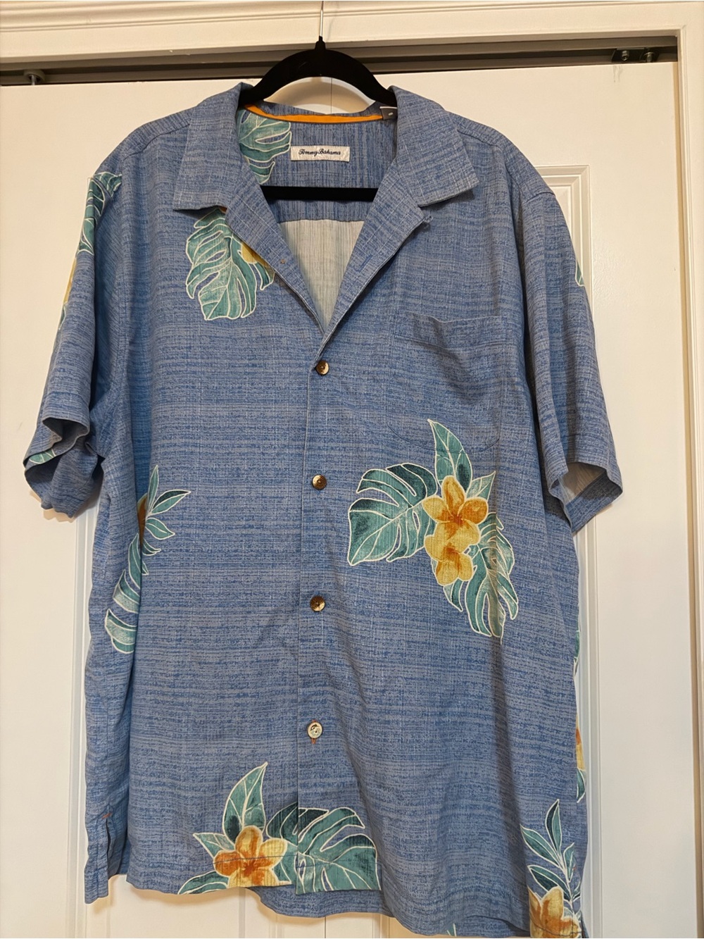 Tommy Bahama Light Blue Hawaiian Floral Camp Shirt with Yellow Blooms